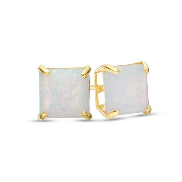 6.0mm Princess-Cut Lab-Created Opal Solitaire Stud Earrings in 10K Gold