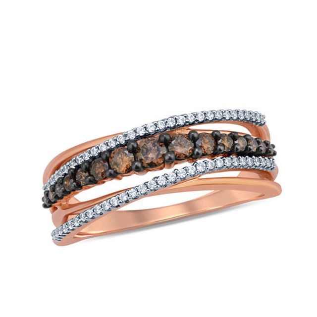 1/2 CT. T.w. Champagne and White Diamond Layered Crossover Ring in 10K Rose Gold
