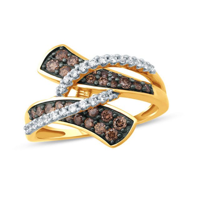 3/4 CT. T.w. Champagne and White Diamond Layered Bypass Ring in 10K Gold