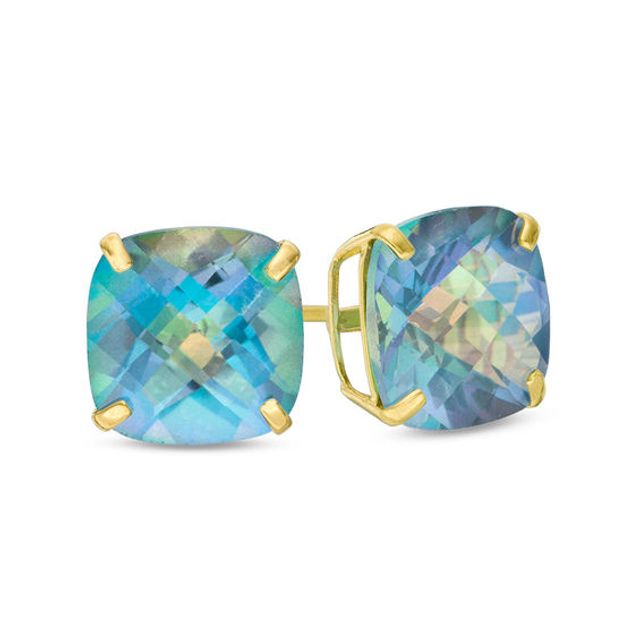 8.0mm Cushion-Cut Rainbow Blue Topaz Solitaire Stud Earrings in 10K Gold