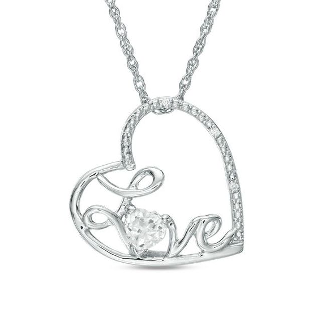 4.0mm Lab-Created White Sapphire and Diamond Accent Cursive "Love" Tilted Heart Pendant in Sterling Silver