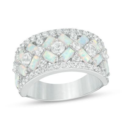 Baguette Lab-Created Opal and White Sapphire Geometric Ring in Sterling Silver