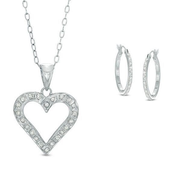 Diamond Fascinationâ¢ Heart Pendant and Hoop Earrings Set in Sterling Silver and Platinum Plate