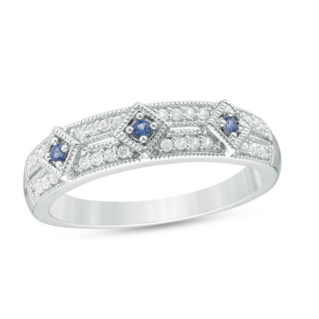 Lab-Created Ceylon and White Sapphire Vintage-Style Double Row Band in Sterling Silver