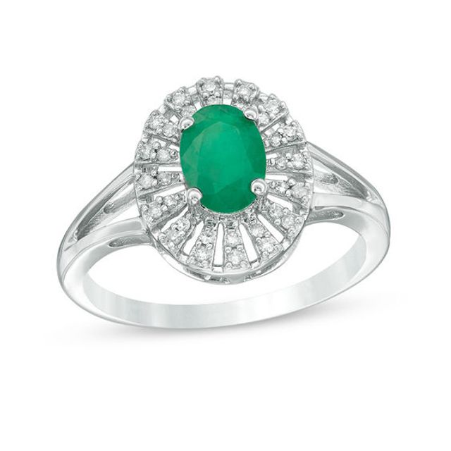 Oval Emerald and 1/10 CT. T.w. Diamond Frame Split Shank Ring in 10K White Gold