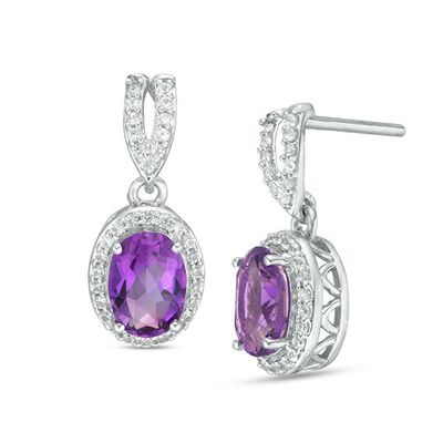 Oval Amethyst and Lab-Created White Sapphire Frame Drop Earrings in Sterling Silver