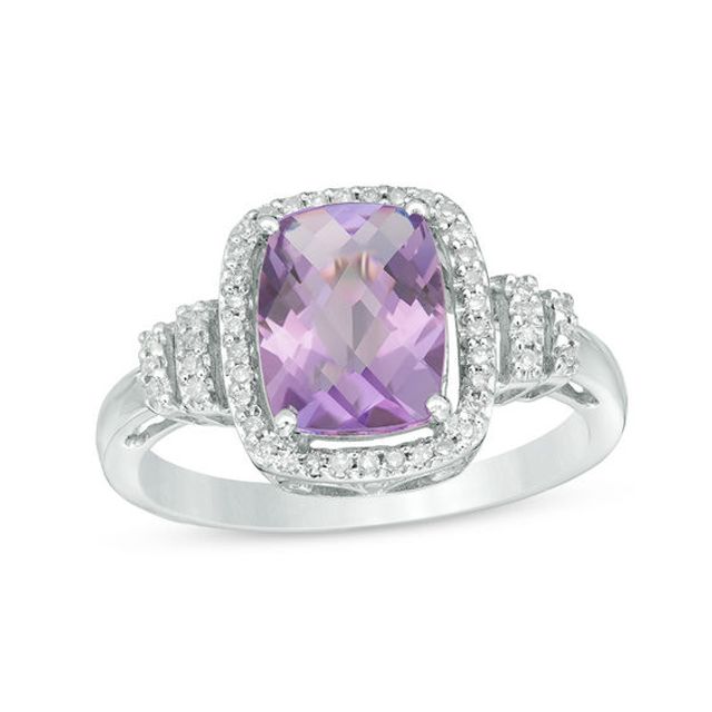 Cushion-Cut Amethyst and 1/10 CT. T.w. Diamond Frame Double Collar Ring in 10K White Gold