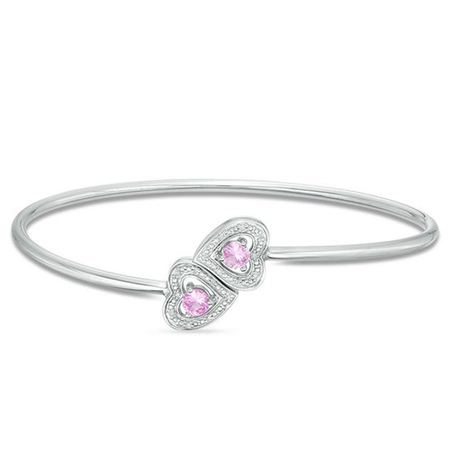 4.0mm Lab-Created Pink Sapphire and Diamond Accent Heart Frame Flex Bangle in Sterling Silver