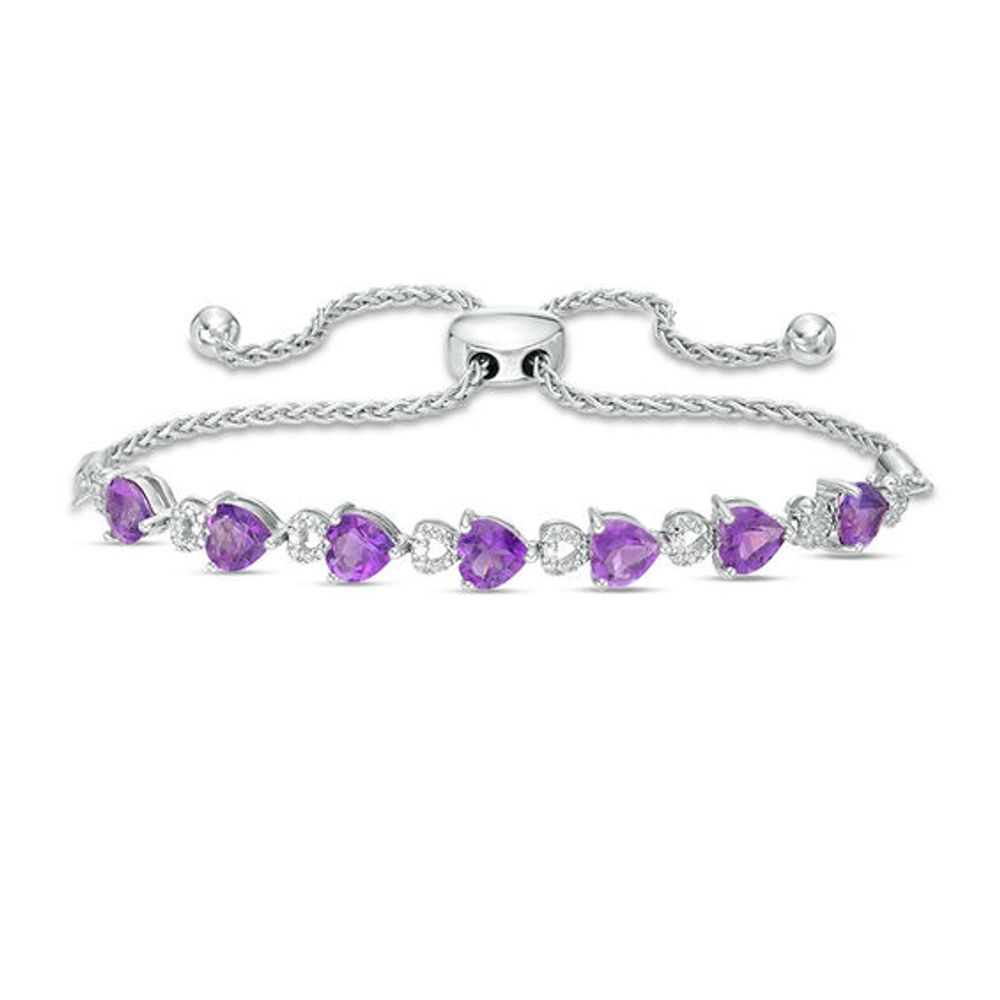 5.0mm Sideways Heart-Shaped Amethyst and Diamond Accent Bolo Bracelet in Sterling Silver - 9.5"