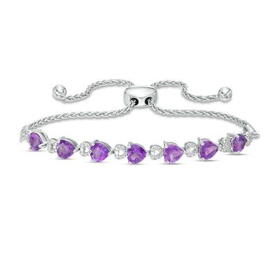 5.0mm Sideways Heart-Shaped Amethyst and Diamond Accent Bolo Bracelet in Sterling Silver - 9.5"