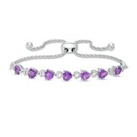 5.0mm Sideways Heart-Shaped Amethyst and Diamond Accent Bolo Bracelet in Sterling Silver - 9.5"