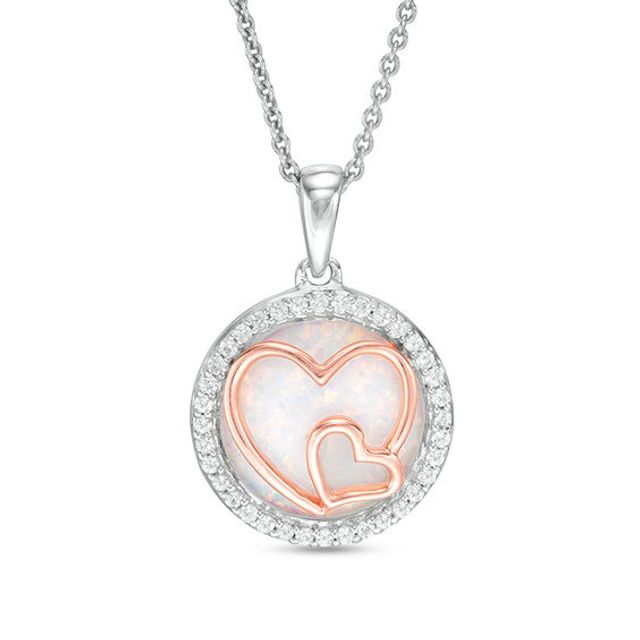 Lab-Created Opal and White Sapphire Double Heart Overlay Circle Pendant in Sterling Silver and 14K Rose Gold Plate