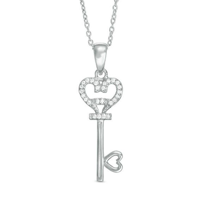 Lab-Created White Sapphire Heart-Top Key Pendant in Sterling Silver