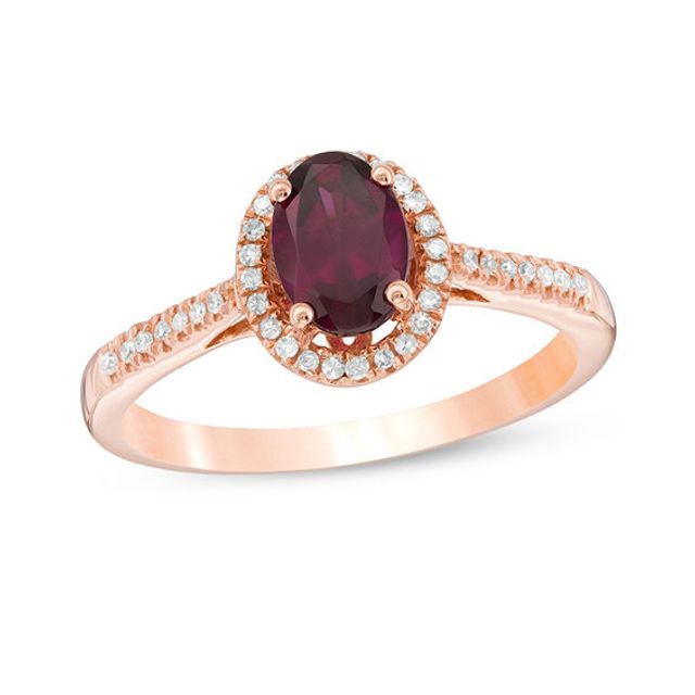 Oval Rhodolite Garnet and 1/10 CT. T.w. Diamond Frame Ring in 10K Rose Gold