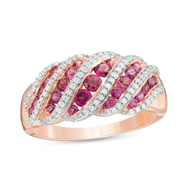 Rhodolite Garnet and Lab-Created White Sapphire Multi-Row Rolling Wave Ring in 10K Rose Gold