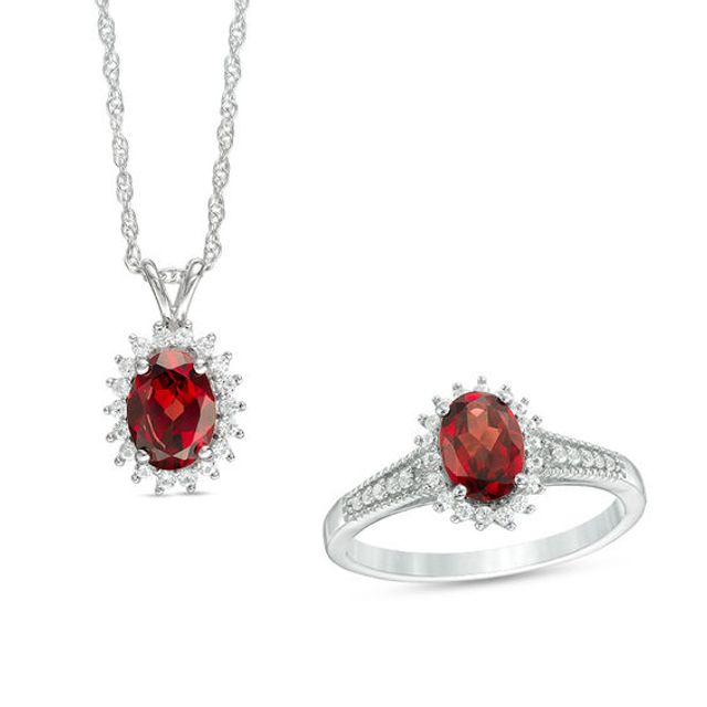 Oval Garnet and Lab-Created White Sapphire Starburst Frame Pendant and Ring Set in Sterling Silver - Size 7