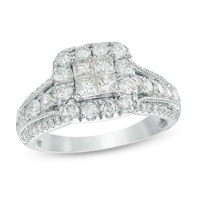 1-1/3 CT. T.w. Quad Princess-Cut Diamond Frame Multi-Row Shank Vintage-Style Engagement Ring in 14K White Gold