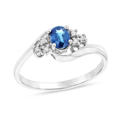 Oval Blue Sapphire and Diamond Accent Tri-Sides Bypass Ring in 14K White Gold