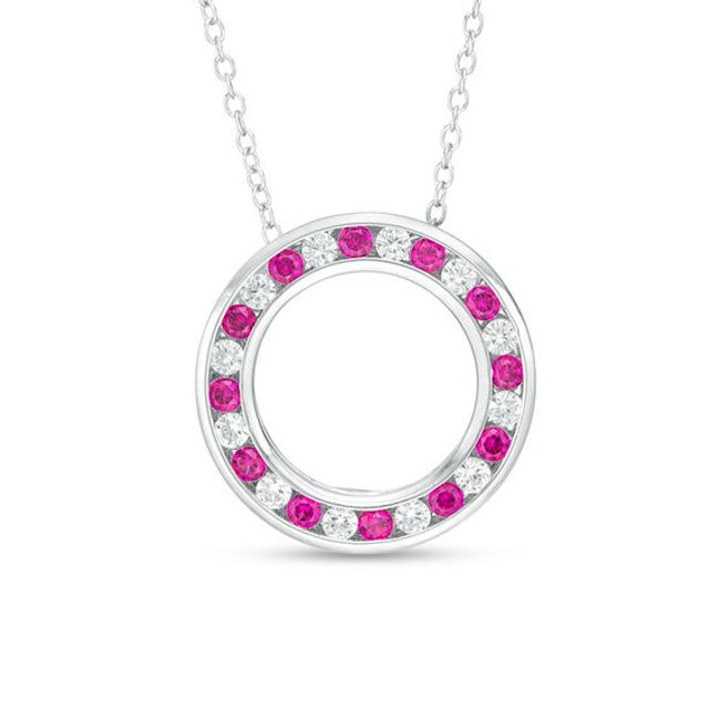 Alternating Lab-Created Ruby and White Sapphire Open Circle Pendant in Sterling Silver