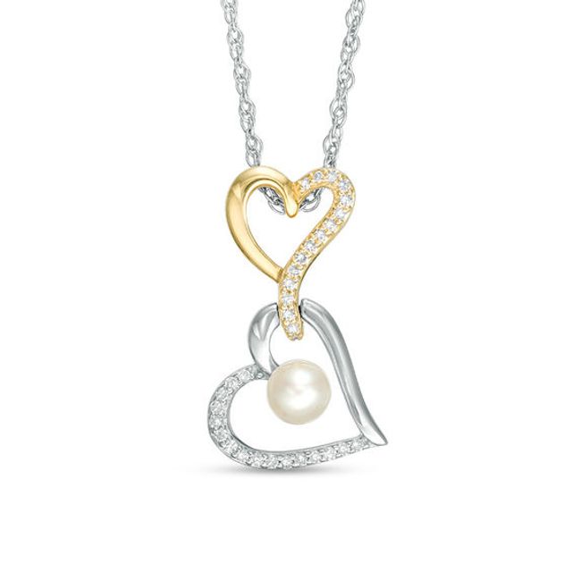 Freshwater Cultured Pearl and 1/10 CT. T.w. Diamond Double Heart Drop Pendant in Sterling Silver and 14K Gold Plate