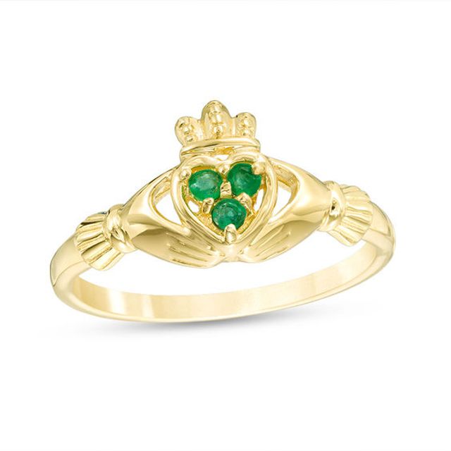 Emerald Three Stone Claddagh Ring in 10K Gold