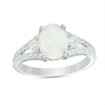 Oval Lab-Created Opal and White Topaz Split Shank Ring in Sterling Silver