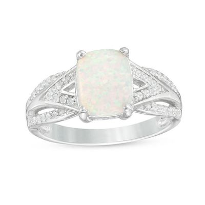 Cushion-Cut Lab-Created Opal with White Topaz Layered Split Shank Ring in Sterling Silver