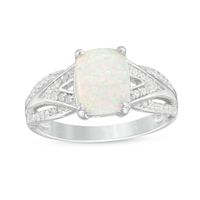 Cushion-Cut Lab-Created Opal with White Topaz Layered Split Shank Ring in Sterling Silver