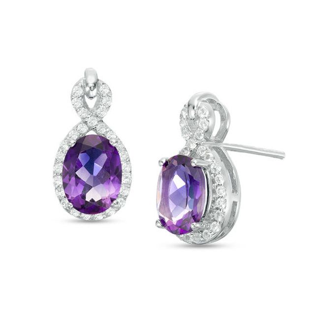 Oval Amethyst and White Topaz Frame Drop Earrings in Sterling Silver