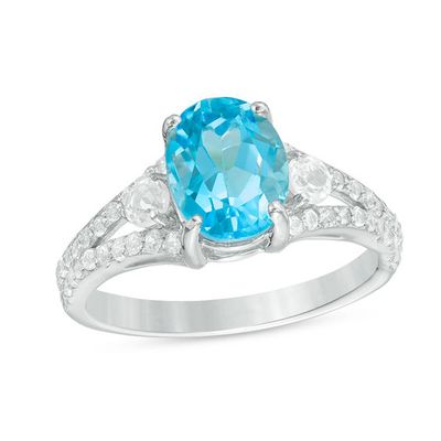 Oval Blue and White Topaz Split Shank Ring in Sterling Silver