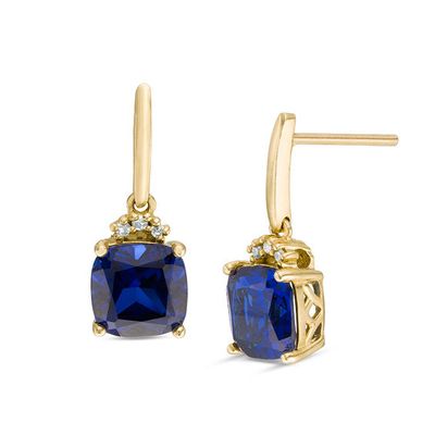 6.0mm Cushion-Cut Lab-Created Ceylon Sapphire and Diamond Accent Drop Earrings in 10K Gold