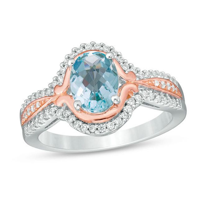Oval Aquamarine and Lab-Created White Sapphire Frame Ring in Sterling Silver and 14K Rose Gold Plate