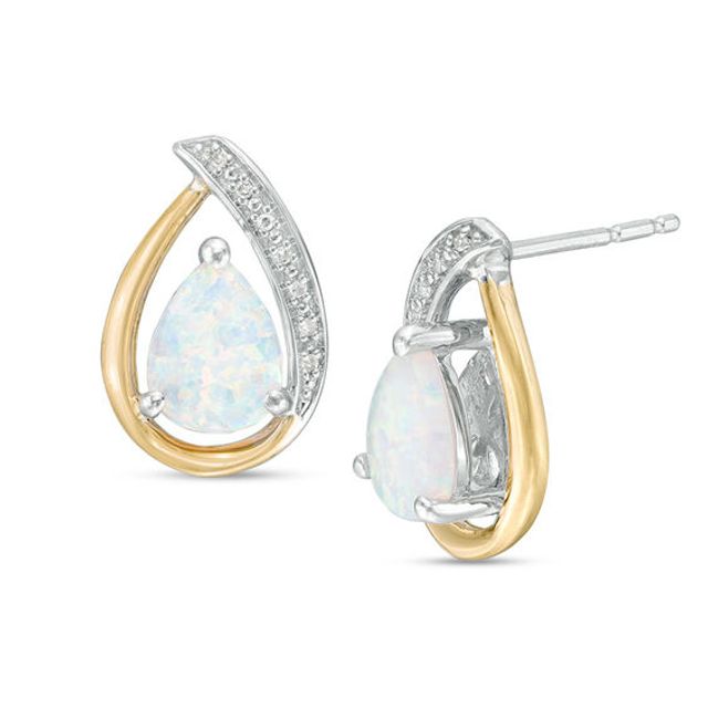 Pear-Shaped Lab-Created Opal and Diamond Accent Drop Earrings in Sterling Silver and 14K Gold