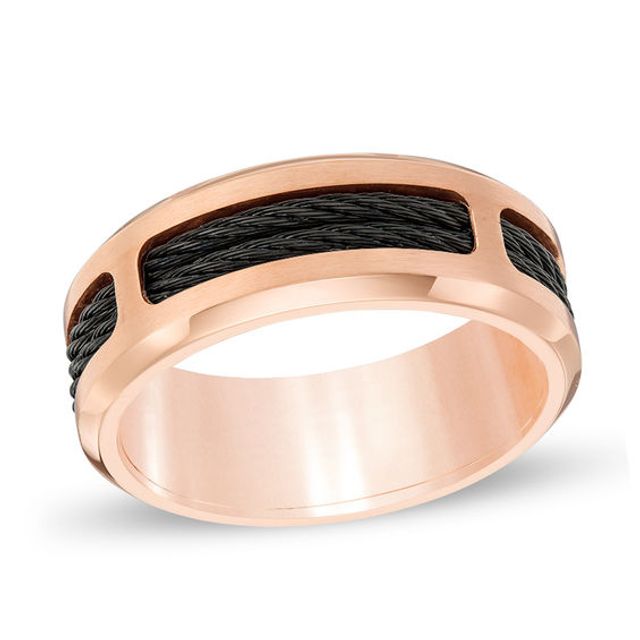 Men's 8.0mm Comfort Fit Black IP Cable Inlay Rose IP Stainless Steel Band - Size 10