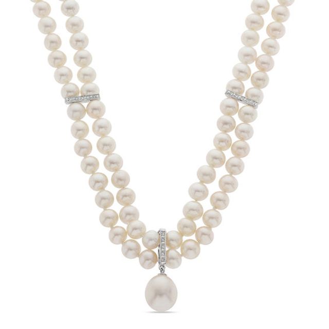 6.0 - 11.0mm Cultured Freshwater Pearl and 1/10 CT. T.w. Diamond Double Strand Necklace with 14K White Gold