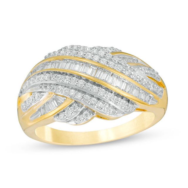 1/2 CT. T.w. Baguette and Round Diamond Layered Crossover Ring in 14K Gold