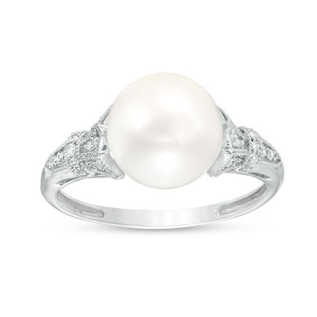 9.0-10.0mm Freshwater Cultured Pearl and Diamond Accent Vintage-Style Collar Ring in 10K White Gold