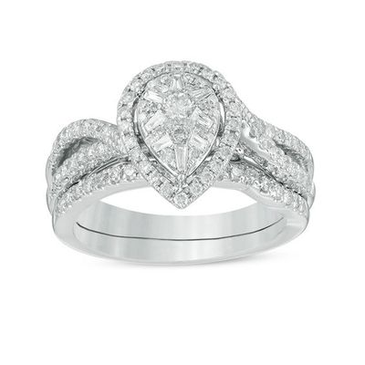 3/4 CT. T.w. Composite Diamond Pear-Shaped Frame Split Shank Bridal Set in 14K White Gold