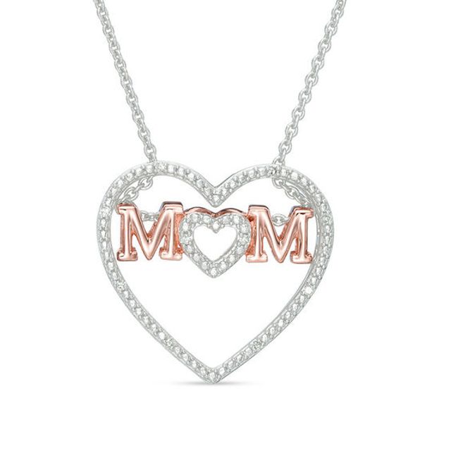 Diamond Accent Mom Double Heart Pendant in Sterling Silver with 14K Rose Gold Plate