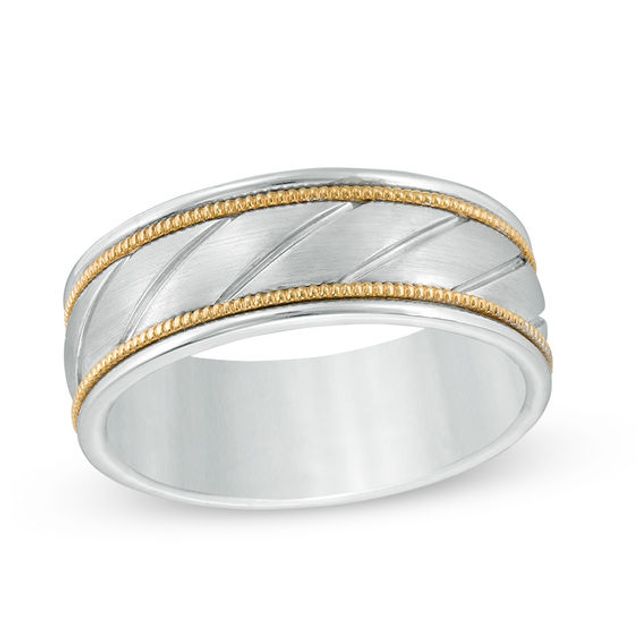 Men's 8.0mm Comfort Fit Slant Groove Wedding Band in 10K Two-Tone Gold - Size 10