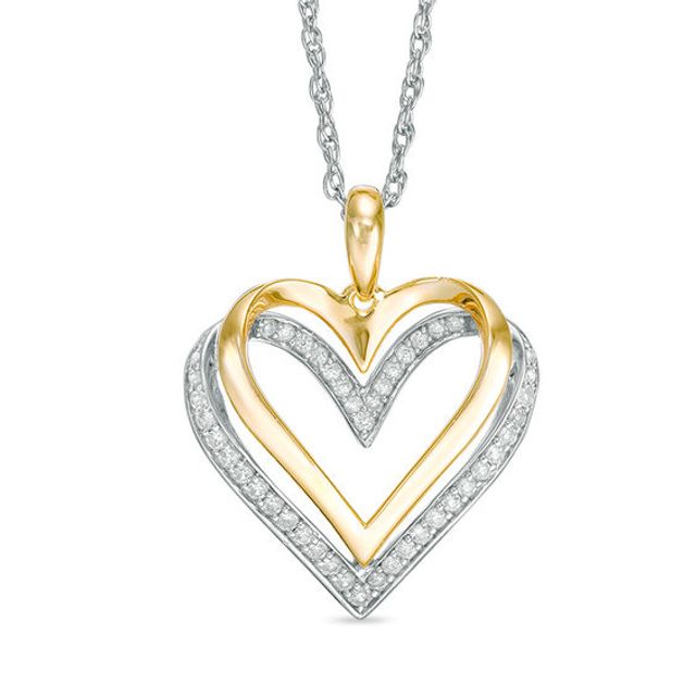 Lab-Created White Sapphire Layered Heart Pendant in Sterling Silver and 14K Gold Plate