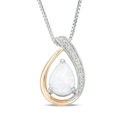 Pear-Shaped Lab-Created Opal and Diamond Accent Teardrop Pendant in Sterling Silver and 14K Gold