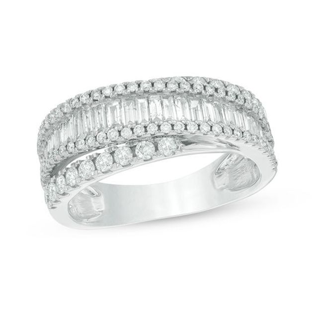 1-1/5 CT. T.w. Baguette and Round Diamond Layered Crossover Band in 14K White Gold