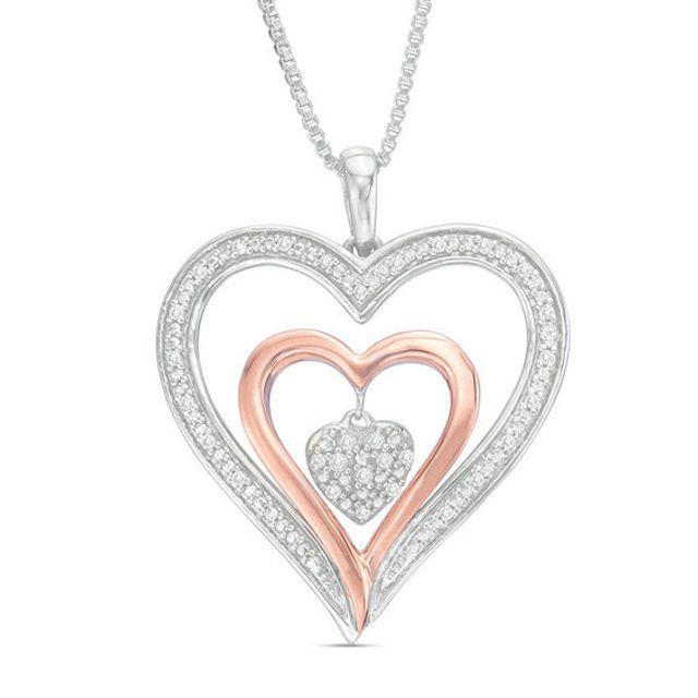 1/10 CT. T.w. Diamond Triple Heart Pendant in Sterling Silver and 10K Rose Gold