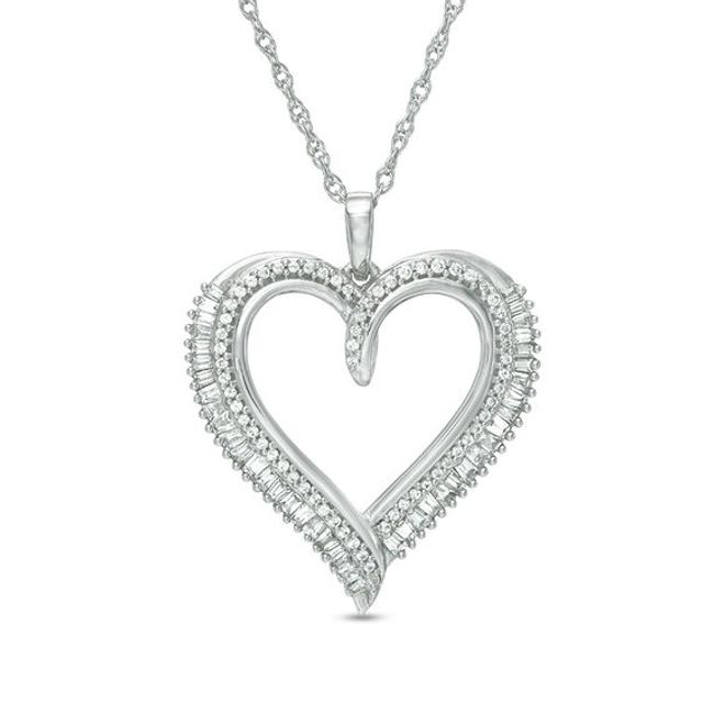 1/2 CT. T.w. Baguette and Round Diamond Heart Pendant in 10K White Gold