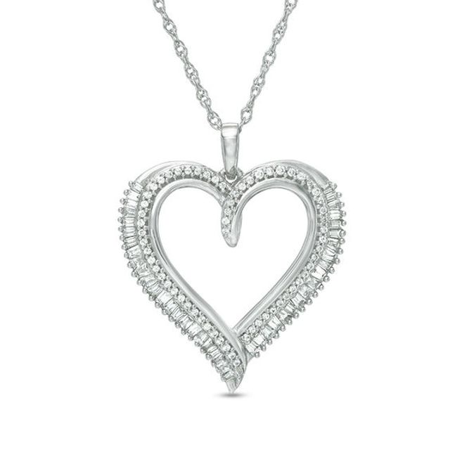 1/2 CT. T.w. Baguette and Round Diamond Heart Pendant in 10K White Gold
