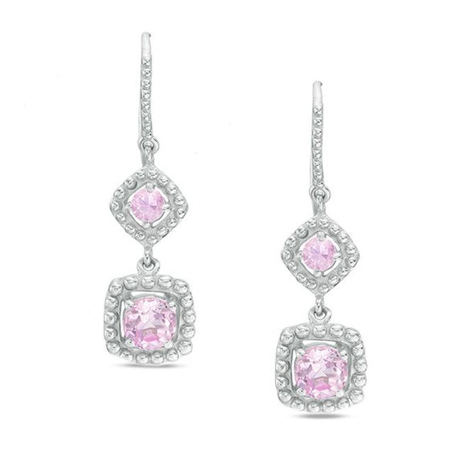 Lab-Created Pink Sapphire Square Drop Earrings in Sterling Silver