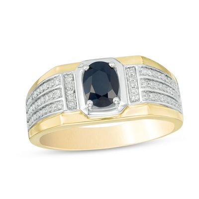 Men's Oval Blue Sapphire and 1/4 CT. T.w. Diamond Ring in 10K Two-Tone Gold