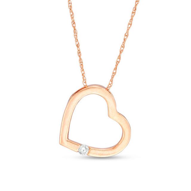 Diamond Accent Solitaire Tilted Heart Pendant in 10K Rose Gold