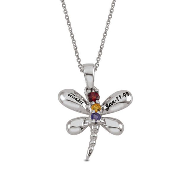 Daughter's Birthstone and Name Dragonfly Pendant (3 Stones and 2 Lines)